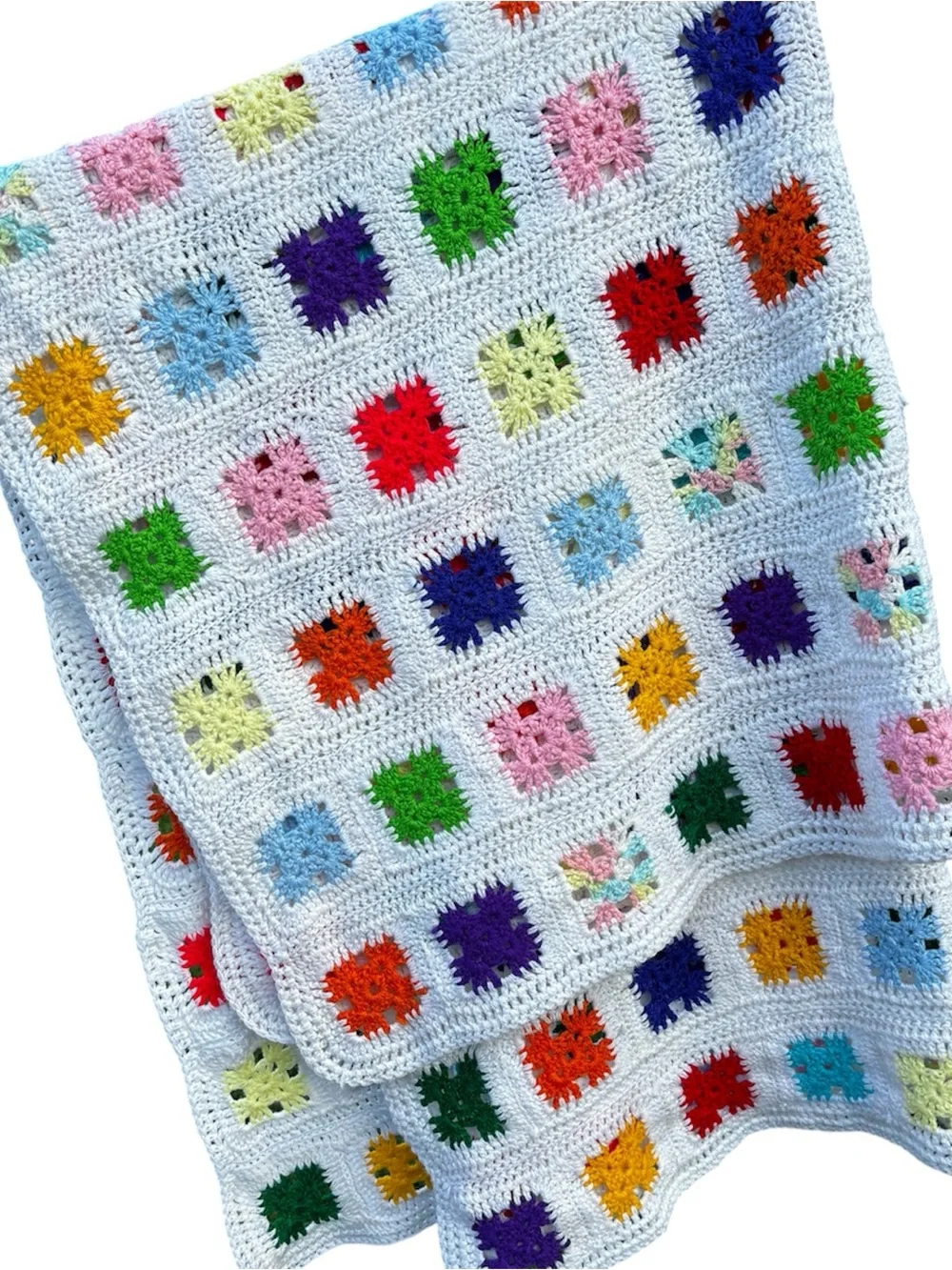 Handmade Crochet Granny Square White Blanket with Multicolor Quilt Blanket 54x42